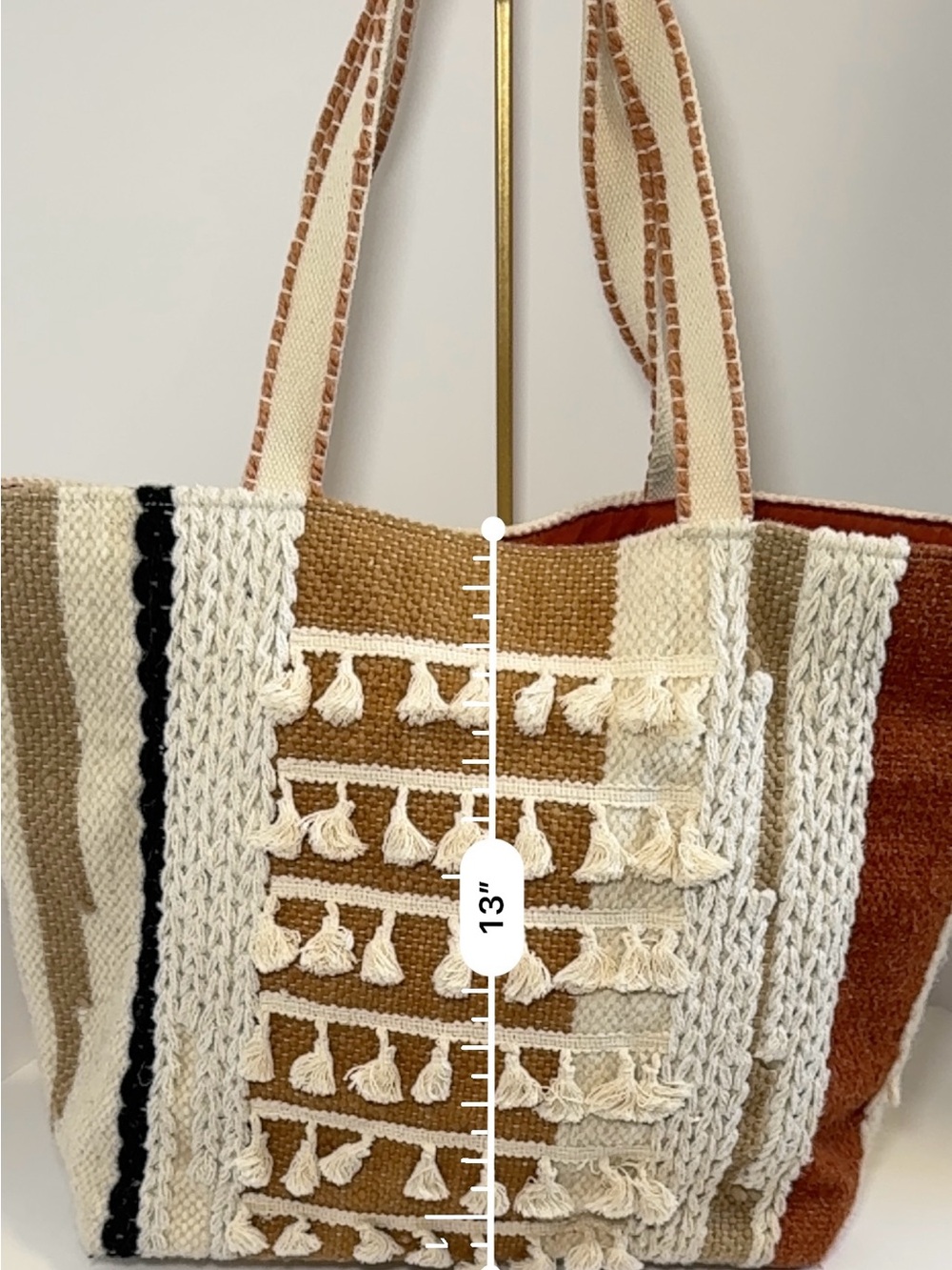 Roolee Culebra Woven Tote Bag - Boho Tassel Knit Stripe Shoulder Bag - Picture 4 of 11